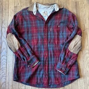 Woolrich Men's Red Plaid Flannel Shirt Jacket Leather Elbow Patches Size L stain